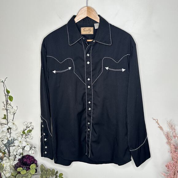 SCULLY Western Pearl Snap Embroidered Rope Cowboy Rancher Black Sz M {L30} - Picture 2 of 5